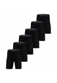 Boxer shorts atletici neri con una texture liscia e una ampia vita elastica che presenta la scritta "ARMOUR" in lettere grigie. Cinque pezzi esposti.