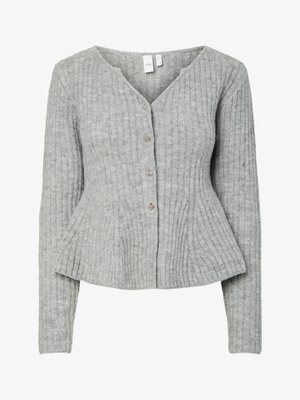 Gray ribbed cardigan with long sleeves, V-neckline, and five silver buttons down the front. Features a fitted waist and textured fabric.