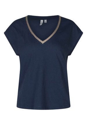 T-shirt bleu marine à manches courtes avec col en V et bordure beige autour de l'encolure, en tissu doux, présenté à plat.