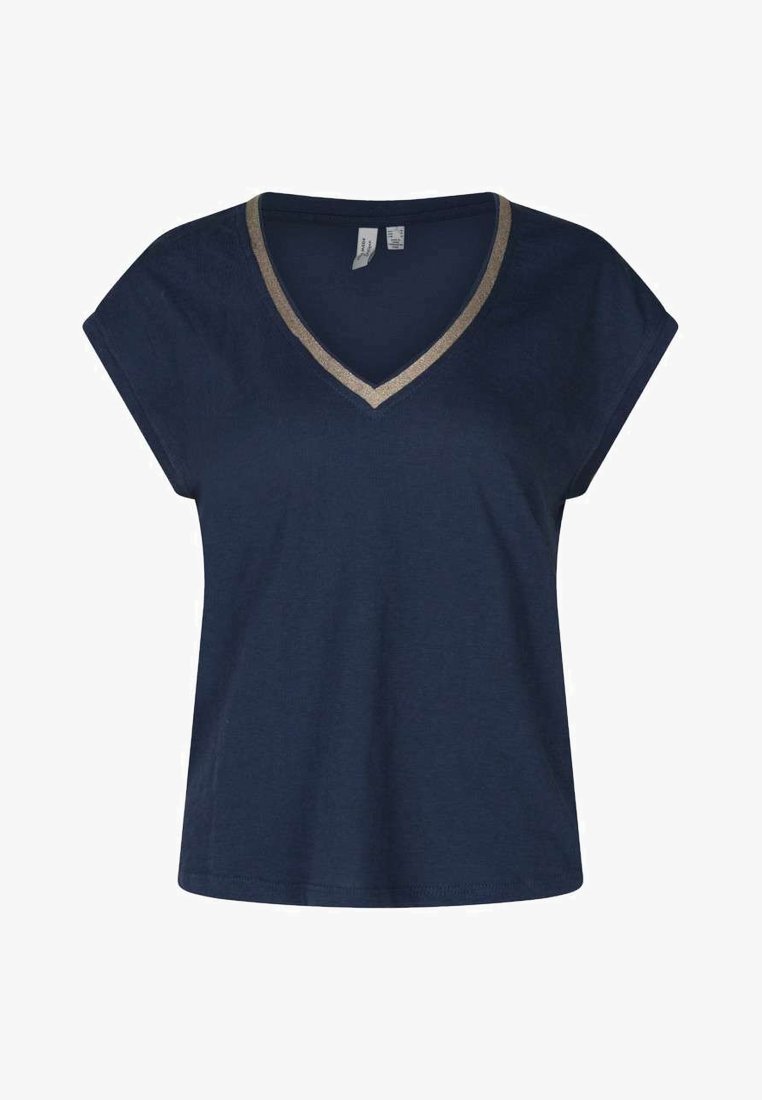 T-shirt bleu marine à manches courtes avec col en V et bordure beige autour de l'encolure, en tissu doux, présenté à plat.