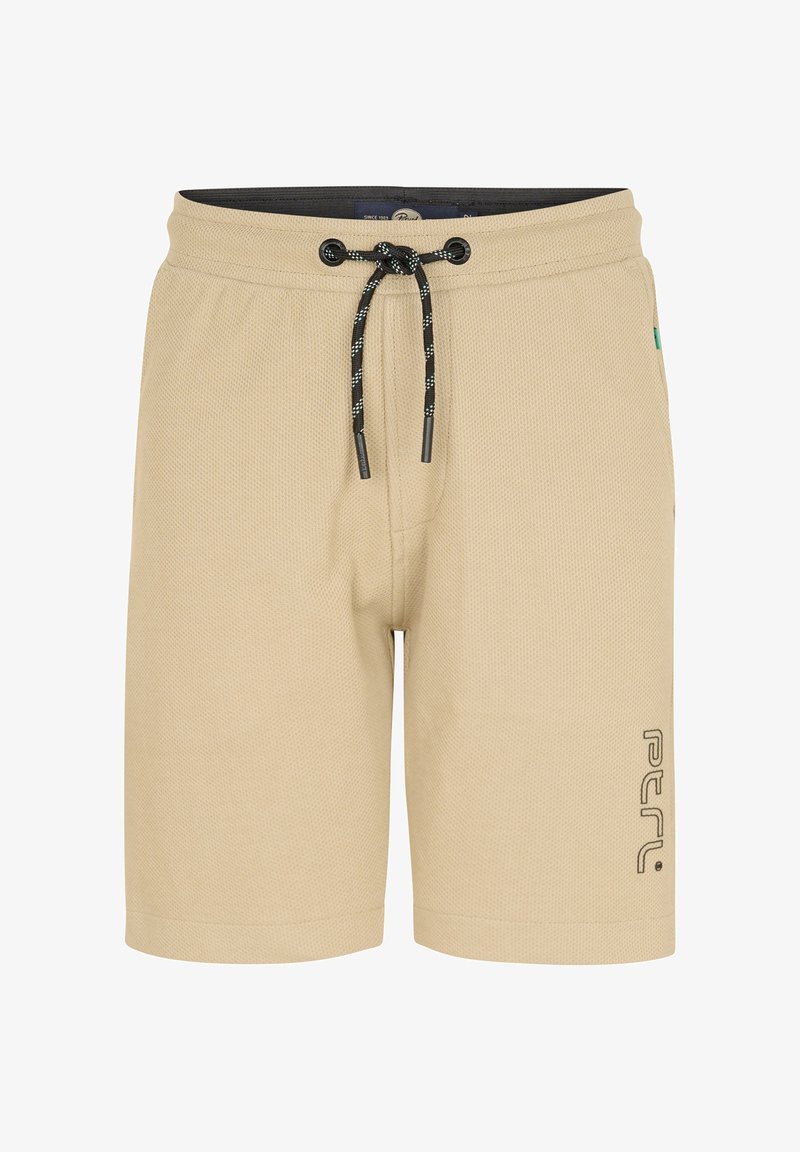 Shorts beige texturés à mi-cuisses avec cordon de serrage noir et blanc à la taille et petit logo de la marque sur la jambe gauche.