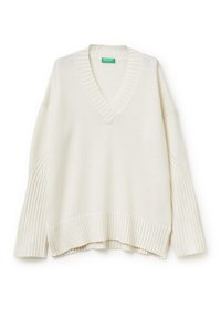 Weißer V-Ausschnitt-Pullover mit langen, gerippten Ärmeln und strukturiertem Strick. Verfügt über einen gespaltenen Saum und Ligaturdetails entlang des Halsausschnitts.