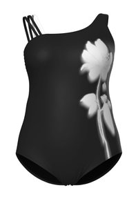 Schwarzer Ein-Schulter-Badeanzug mit drei dünnen Trägern auf einer Seite und einem großen weißen Blumendesign auf der rechten Seite.