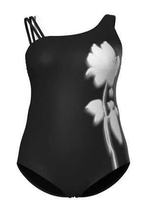 Schwarzer Ein-Schulter-Badeanzug mit drei dünnen Trägern auf einer Seite und einem großen weißen Blumendesign auf der rechten Seite.