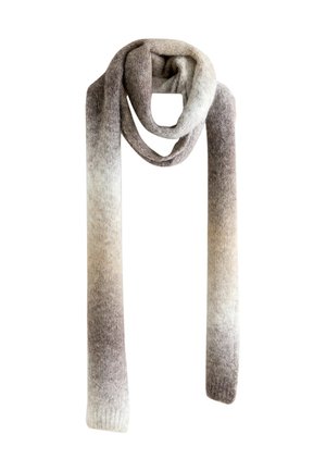 Knitted scarf in gradient shades of beige and brown, featuring a soft, textured fabric and a long, loose design for versatile styling.