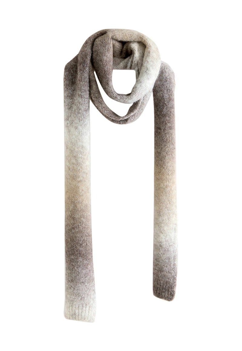 Knitted scarf in gradient shades of beige and brown, featuring a soft, textured fabric and a long, loose design for versatile styling.