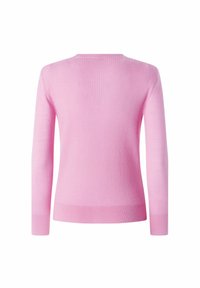Ružičasti rebrasti pulover s dugim rukavima, okruglim izrezom i pripijenim dizajnom. Izrađen od mekog materijala s glatkom teksturom i ujednačenom bojom.
