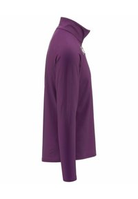 Maglietta a maniche lunghe viola con colletto alto, realizzata in un tessuto liscio e leggero. Presenta un sottile logo del marchio sul petto.