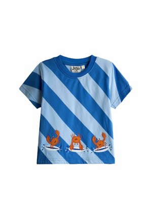 Kék és világoskék csíkos kisgyermek ing, az alsó szegély mentén három narancssárga rák ugrál a vízben.