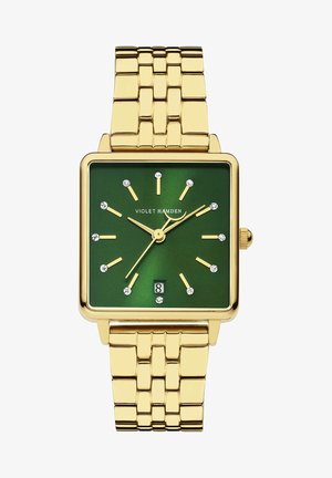 Gouden metalen horloge met een rechthoekige kast, groene wijzerplaat, diamantachtige markeringen, gouden uren- en minutenwijzers, en een datumaanduiding.