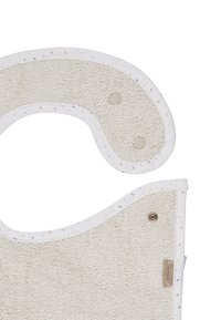 Beige Frottee-Lätzchen mit weißen Akzenten und bunten Sprenkeln. Wird mit Druckknöpfen sicher verschlossen. Weiches Material, U-förmiges Design.