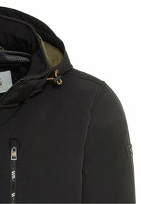 Schwarze Kapuzenjacke mit Reißverschluss, strukturierter Stoff, kontrastierendes Innenfutter und verstellbare Kordelzug an der Kapuze. Ausgestattet mit einem Logo-Patch.