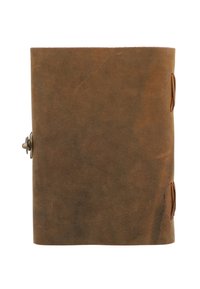 Brown leather notebook with a textured surface, featuring a metallic clasp and stitching on the side for added detail.