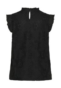 Črna čipkasta majica s kratkimi naborki na rokavih, visokim ovratnikom in detajlom v obliki ključavnice na hrbtni strani. Ima cvetlični vzorec in teksturirano tkanino.