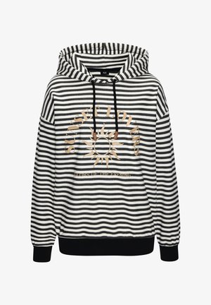 Schwarz-weiß gestreifter Hoodie mit Kordelzug, versehen mit einer Sonnengrafik und dem Text "SUNSET LOVERS" in Gold, aus weichem Fleece-Material.