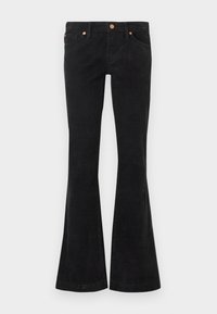 Juodos spalvos kordurovinės flared (platėjančios) kelnės su tekstūruota paviršiaus faktūra. Turi penkias kišenes ir metalines detales juosmens bei kišenių srityje.