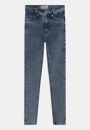 Schmale blaue Jeans für Kinder mit vorderen Knöpfen und Taschen, geeignet für 9- bis 10-Jährige.
