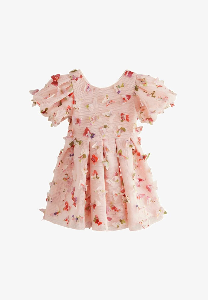 Różowa siatkowa sukienka z bufkami, ozdobiona kolorowymi aplikacjami kwiatowymi, z rozkloszowanym dołem i okrągłym dekoltem.