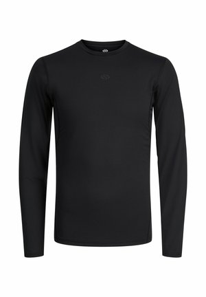 T-shirt noir à manches longues avec un col rond et un petit logo au centre de la poitrine, présenté sur fond blanc.