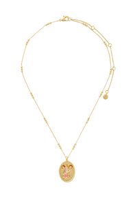 Gold chain necklace with small bead accents and an oval pendant featuring an engraved ram's head and pink floral details.