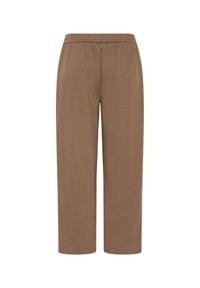 Pantalon large brun avec taille élastique, en tissu doux, présenté sur fond blanc.