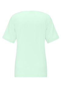 T-shirt vert menthe à manches courtes avec un col rond et une texture lisse, présentant une couleur unie sans motifs ni accents.