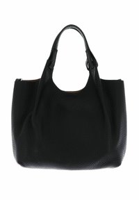 Borsa a mano in pelle nera con superficie testurizzata, parte superiore arrotondata, manici doppi e ampio interno. Presenta minimi dettagli in metallo.