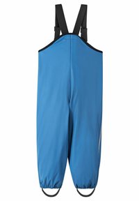 Overoles impermeables azules para niños con tirantes negros ajustables, puños elásticos y una textura suave y duradera.