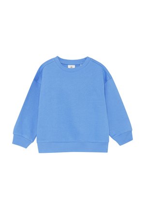 Sweatshirt bleu clair en tissu doux, avec un col rond, des épaules tombantes, et des poignets et ourlet côtelés. Design simple et sans coutures.