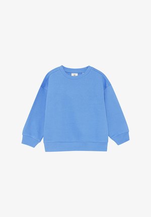 Lyseblå sweatshirt lavet af blødt stof med rund hals, sænkede skuldre samt ribstrikkede ærme- og bundkanter. Enkel, sømløs design.