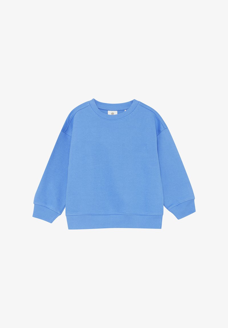 Hellblauer Pullover aus weichem Stoff mit Rundhalsausschnitt, überschnittenen Schultern sowie gerippten Bündchen und Saum. Einfaches, nahtloses Design.