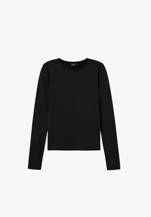 Svart langermet topp laget av glatt stoff, med rund hals og rett kant. Minimalistisk design uten mønstre eller aksenter.