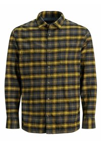 Camicia a maniche lunghe a quadri nera e gialla realizzata in tessuto intrecciato, con colletto a camicia e una singola tasca sul petto.