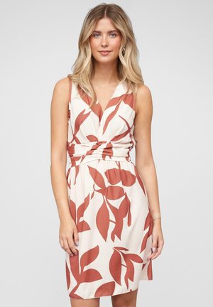 Floral print sleeveless dress in ivory with rust-colored leaf patterns, featuring a V-neckline and gathered waistline for shape.