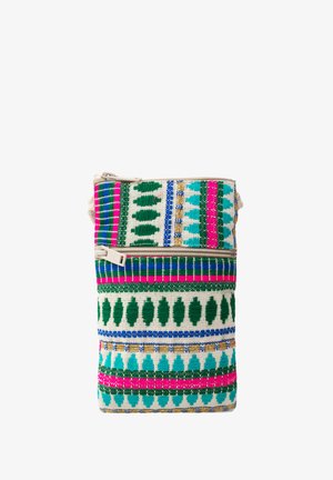 Gewebte Stofftasche mit bunten Mustern in Grün, Pink, Blau und Gold, mit einem Reißverschluss oben und subtilen strukturierten Akzenten.