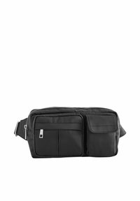 Borsa a tracolla nera in nylon con due tasche frontali, chiusura con zip, tracolla regolabile e accessori in metallo argentato. Texture liscia e forma rettangolare.