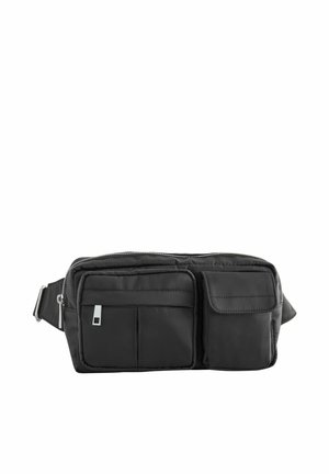 Black nylon crossbody bag with two front pockets, zip closure, adjustable strap, and silver accent hardware. Smooth texture and rectangular shape.