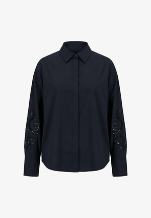 Schwarzes Langarmhemd mit durchgehender Knopfleiste, spitzem Kragen sowie dekorativen Spitzenausschnitten und Pailletten-Details an den Ärmeln.
