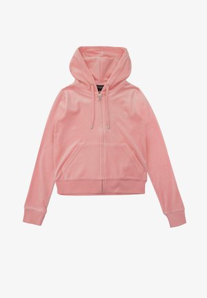 Rosafarbene Velours-Zip-Hoodie mit einer Kängurutasche, verstellbarem Kordelzug an der Kapuze und gerippten Bündchen und Saum. Hat ein dezentes Logodetail.