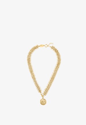 Naszyjnik w złotym odcieniu z dwoma koralikowymi łańcuszkami i teksturowanym, okrągłym wisiorkiem zawieszonym na środku, zapinany na sprężynowe zapięcie.