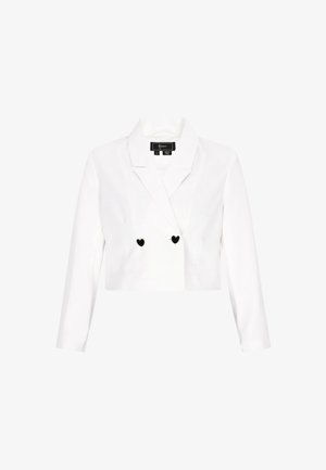 Giacca bianca cropped con colletto a punte, maniche lunghe e due bottoni neri a forma di cuore per la chiusura. Tessuto dalla texture liscia.