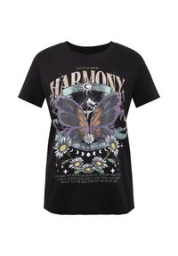 Black cotton t-shirt featuring a colorful butterfly graphic, floral accents, and text. Short sleeves and a crew neckline.