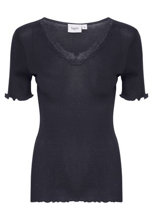 Black ribbed knit top with short ruffled sleeves and a V-neckline, featuring a soft texture and delicate scalloped edges.