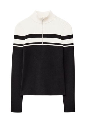 Schwarzer und weißer, gerippter Strickpullover mit hohem Kragen, halbem Reißverschluss und horizontalen gestreiften Akzenten auf der Brust und den Ärmel.