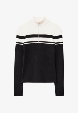 Black and white ribbed knit sweater with a high collar, half-zip closure, and horizontal striped accents on the chest and sleeves.