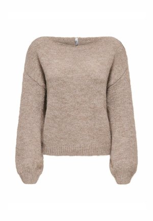Pull en maille beige avec une encolure large, de longues manches volumineuses et des poignets et un ourlet côtelés, sur fond blanc.
