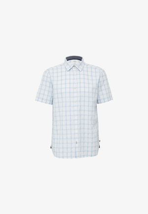 Lühikeste varrukatega helesinine ruuduline särk, mis on valmistatud puuvillast, standardse krae, nööbiga esiosa ja kontrastse sisekaelusega.