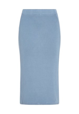 Blue ribbed midi skirt with a fitted silhouette and elastic waistband. Smooth texture, straight cut, and no visible patterns or embellishments.
