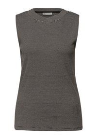 Bezrękawnik w czarno-białe poziome paski, z zaokrąglonym dekoltem i miękką, teksturowaną tkaniną. Prosty i dopasowany krój.