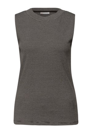 Tílko v černo-bílých vodorovných pruzích, s kulatým výstřihem a měkkou, texturovanou látkou. Jednoduchý a přiléhavý střih.